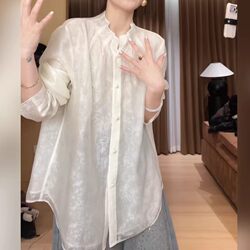 New Chinese Style Stand-Up Collar Long-Sleeved Shirt for Women 2026 Spring Thin Large Size Plus-Size Elegant Loose Slimming Top