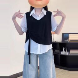 Plus Size Women's Fake Two-Piece Short-Sleeve Shirt, Summer Slimming Design with Ribbons, Unique Loose and Versatile Top