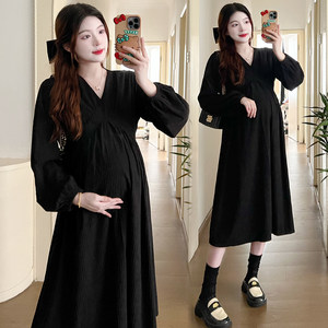 
Plus size maternity wear autumn and winter thickened corduroy V-neck waist little black dress mid-length 200*0.5kg loose dress