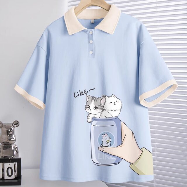 Short -sleeved T -shirt Female Summer 2024 New Explosive Student Polo Shirt Loose Summer Women's Blue Half -Half -Sleeve
