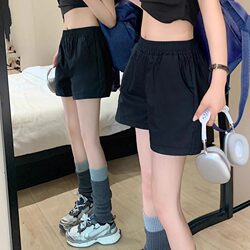 Simple Solid Color Washed Cotton Shorts for Women, Elastic Waist, Summer Hot Item, A-Line Wide-Leg Casual Hot Pants, Loose Quarter-Length Pants