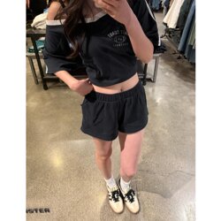 Pure Cotton Black Sports Shorts, Three-Quarter Length, Trendy Women's Shorts, Summer Casual Hot Pants, Slimming A-Line Wide-Leg Pants