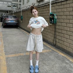 Pure Cotton American-Style Drawstring High-Waisted White-Gray Five-Point Shorts for Women, Summer Casual Sports Loose Lazy Straight-Leg Mid-Length Pants