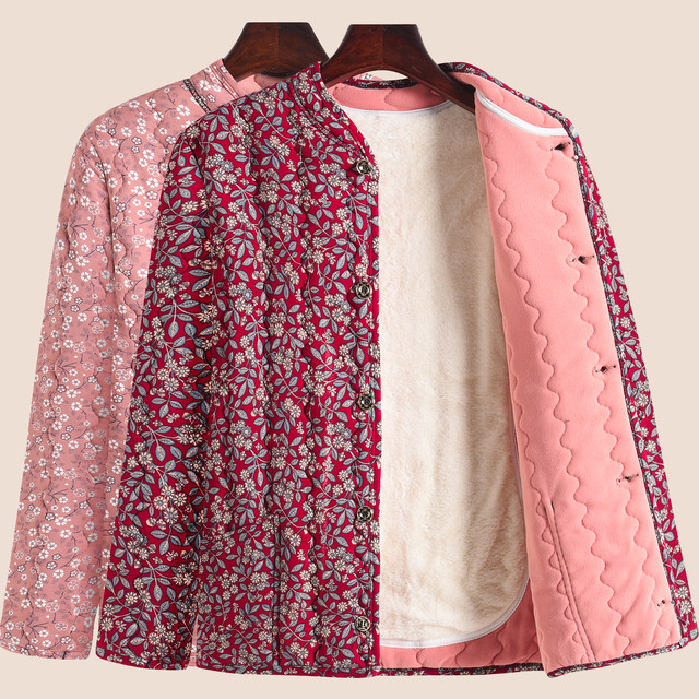 Mom's winter floral cotton coat for middle-aged and elderly people's new style plus velvet patch warm cotton coat grandma wears a small cotton coat inside and outside
