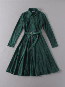 
Polish single original single women's autumn slim high waist belt waist suede stand collar long sleeve white pullover dress