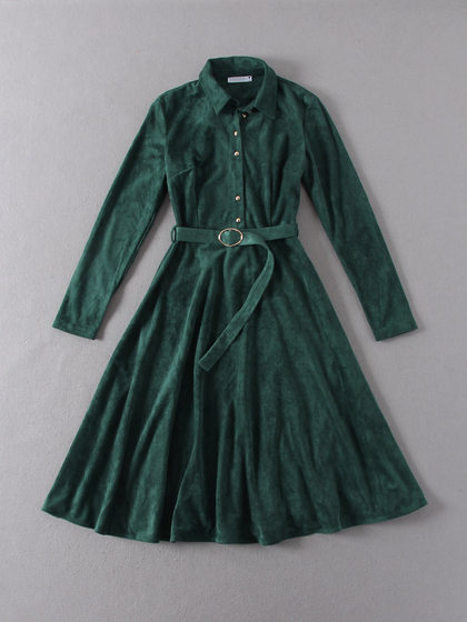 
Polish single original single women's autumn slim high waist belt waist suede stand collar long sleeve white pullover dress