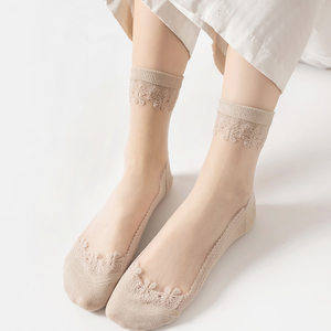 Pure cotton-bottomed glass stockings for women's mid-tube socks for summer thin transparent crystal silk Japanese cute lace long and short socks
