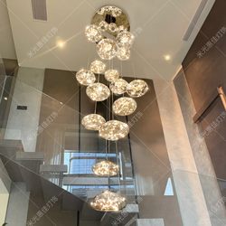 Villa Duplex with High Ceiling, Spiral Staircase, Long Chandelier, Simple Modern Loft Apartment, Open Living Room Light