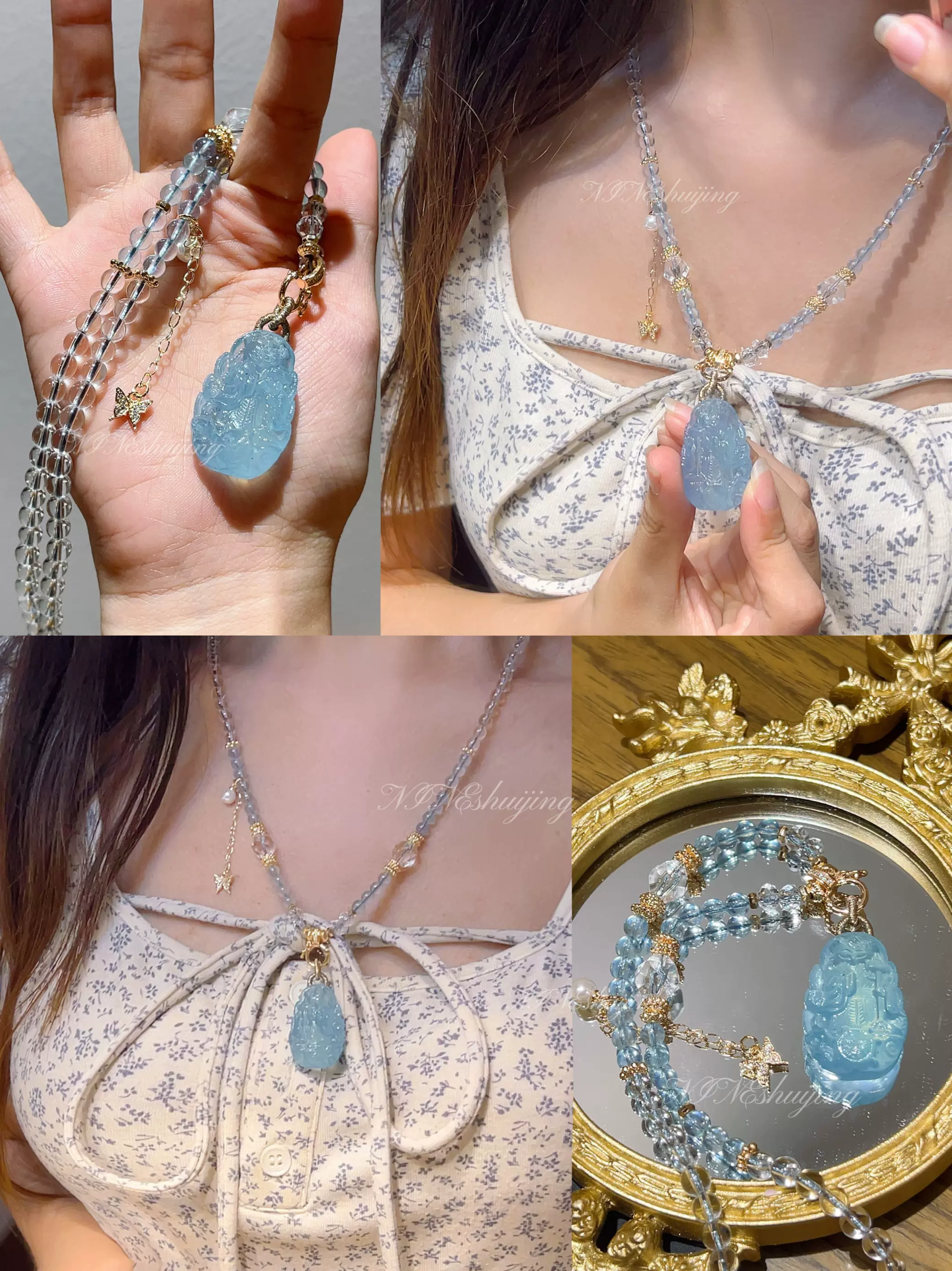 8.9更新【海蓝宝合集九尾狐牌】冰种海蓝宝狐狸富婆水晶