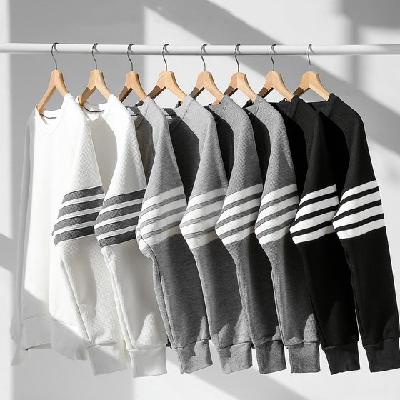 Waffle men's sweatshirt 2025 spring and autumn new men's round neck pullover loose sweatshirt top trendy long-sleeved T-shirt
