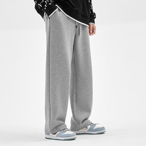 Sport pants for boys in spring and autumn wide-leg loose large-size gray sweatpants plus velvet draped pure cotton straight-leg casual pants