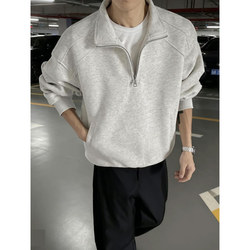 Winter Heavyweight Fleece-Lined White-Gray Half-Zip Stand-Collar Sweatshirt for Men, Pullover American-Style Casual Versatile Turn-Down Collar Top