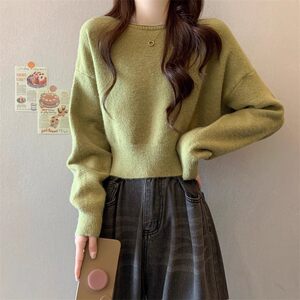 
Soft and waxy short pullover sweater for women in spring and autumn, retro lazy style knitted bottoming shirt for small people, inner top