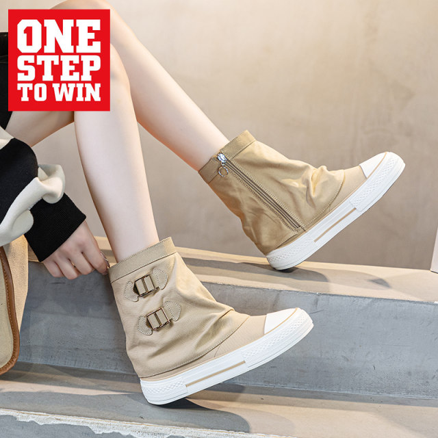 ins British style niche design trouser boots 2025 new high-top height-enhanced pile boots women's thick-soled canvas shoes trend