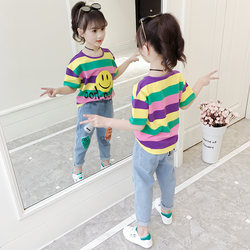 Girls' Striped Short-Sleeve T-Shirt, Summer Wear for Older Children, 2026 New Summer Thin Style Children's Clothing, Kids' Half-Sleeve Top 8
