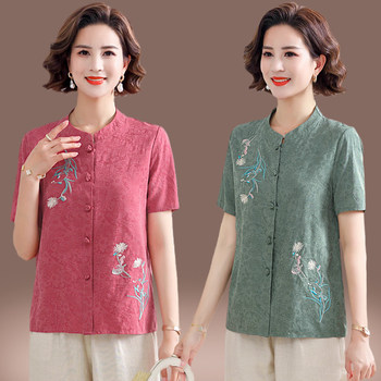 Middle-aged and elderly pure cotton short sleeve pocket shirt for women covering belly