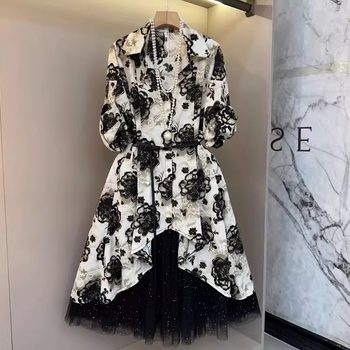 European goods 2025 spring large size retro jacquard temperament lapel slim mid-length shirt skirt mesh skirt two-piece set
