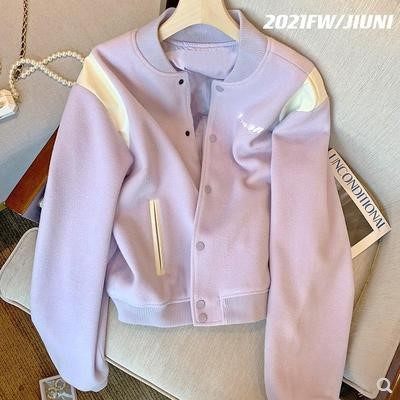 300Jin [Jin equals 0.5kg] Large size purple baseball uniform jacket for women 2021 winter new style loose niche western style thickened velvet jacket