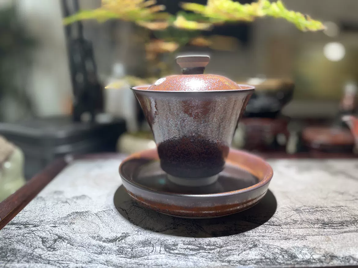 建阳建盏茶杯高少美作品柴烧铁锈红三才盖碗公道杯茶漏茶架一套-Taobao 