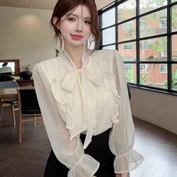French-Style White Ruffled Bow Blouse for Women, Spring and Autumn, Petite Design, Long-Sleeved Shirt, Chiffon Top