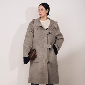 
[Huahua Recommendation] MPAM Autumn and Winter Horn Button Coat Women's Mid-Length Hooded Korean Woolen Jacket
