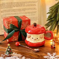 Cute Apple Piggy Ceramic Drinking Cup with Lid and Spoon, Practical Mug for Girls and Best Friends as Christmas Gifts