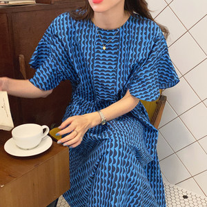 South Korea Chic French Elegant Circle Geju Geebly Striped Printing Loose High -waist Flying Sleeve Sleeping Skirt Female Women