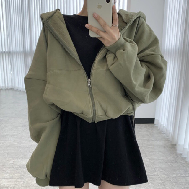 South Korea Chic autumn and winter niche minimalist hooded pull rope zipper design Loose and versatile long -sleeved sweater outside women