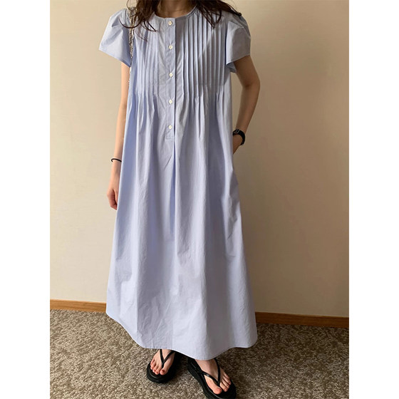 
Korean chic summer new niche lazy style round neck pleated design loose puff sleeve dress for women