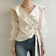 Korean chic spring French lapel satin gloss lace-up waist slim perspective mesh shirt top