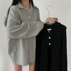 
Korean chic autumn and winter retro lazy style POLO collar loose casual versatile long sleeve pullover knit sweater women