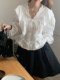 Korean chic autumn French retro lace V-neck spliced ​​ruffle lace waist long sleeve white shirt for women