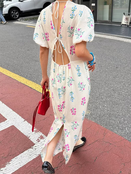 
Korean chic summer niche design style backless lace-up high waist slim short sleeves rear slit floral dress for women