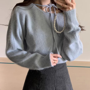 
Korean chic French gentle style irregular slanted neck halter neck tie loose versatile soft glutinous sweater women