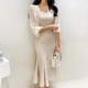 Korean chic spring high-end temperament square collar exposed collarbone slim and slim slightly puff sleeve fish tail dress