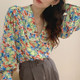 Korean chic retro pearl-trimmed double-layer large lapel single-breasted loose long-sleeved floral shirt top