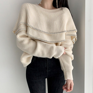 
Korean chic autumn and winter French niche round neck spliced double-layer ruffle loose casual long-sleeved sweater sweater