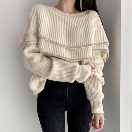 
Korean chic autumn and winter French niche round neck spliced double-layer ruffle loose casual long-sleeved sweater sweater
