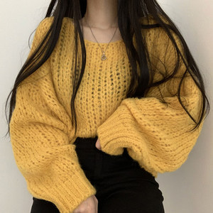 Korean Chic Spring Versatile Candy Color Skincare Pullover Loose Thick Thread Casual Lantern Sleeves Knitted Sweater for Women