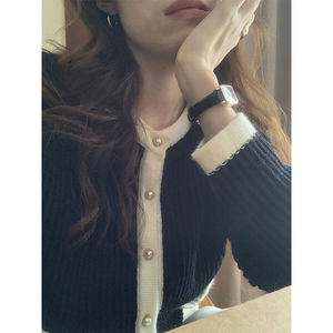 
Korean chic autumn and winter retro small fragrance style round neck contrast color striped pearl button long sleeve knitted cardigan sweater for women