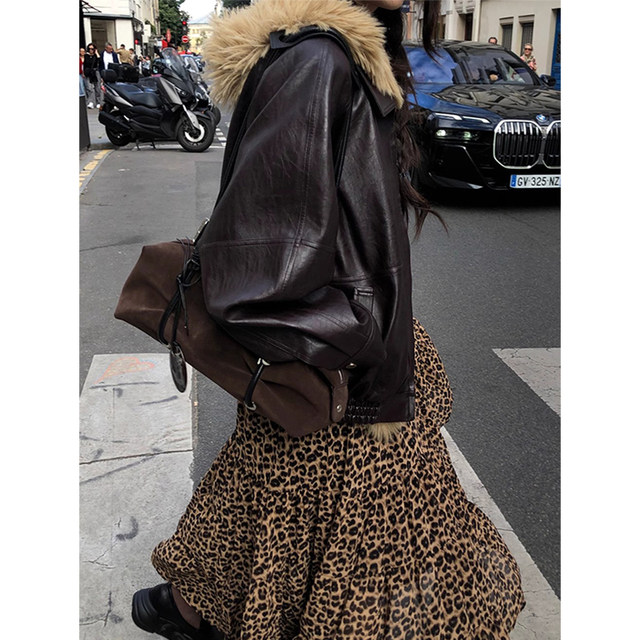 Korean chic autumn and winter retro style high waist slim leopard print design versatile A-line large skirt long skirt for women