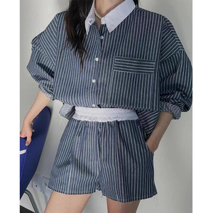 
Korean chic spring retro temperament lapel versatile striped denim shirt + elastic waist wide-leg shorts set