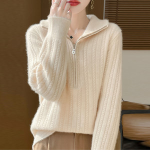 
Autumn and winter half-zip lapel sweater for women, Korean style loose knitted woolen sweater, versatile top with solid color bottoming shirt