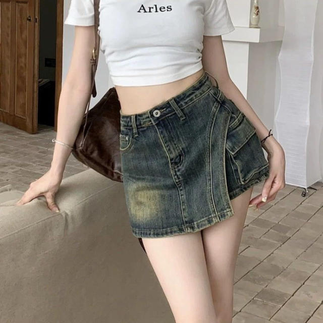 Retro washable and antique denim skirt women's summer hot girl high waist slim A-line skirt short skirt
