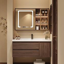 New Mid-Century Style Walnut Ceramic Integrated Basin Bathroom Cabinet Combination Bathroom Sink Hand Wash Basin Cabinet