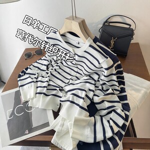 
Daily single U! Wooden giant 199+Modal cotton blend round collar striped single-breasted long-sleeved knitted cardigan top for women