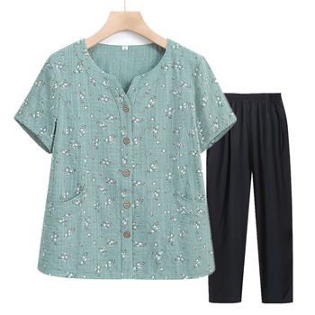 Short-sleeved pure cotton shirt for elderly women