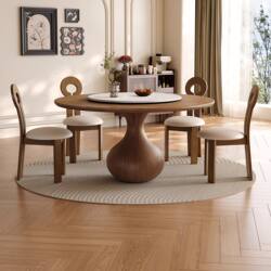 Medieval-Style Travertine Stone Dining Table, Round Solid Wood Dining Table for Small Households with a Turntable