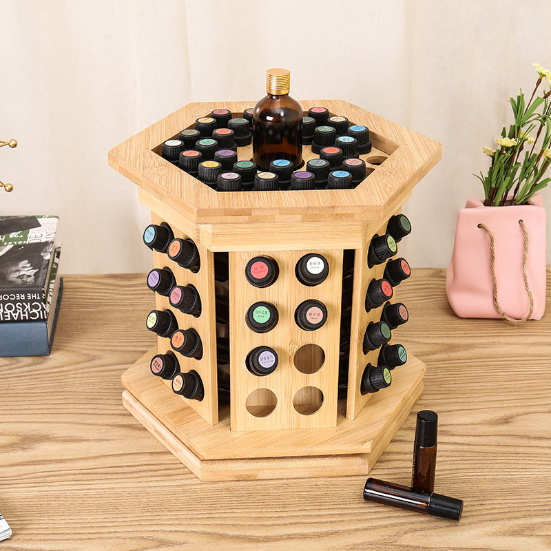 85-Grid Essential Oil Display Stand - Bamboo Wood Rotating Storage Box