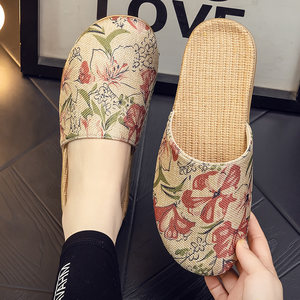 
Spring and Autumn fabric slippers linen home couple cotton linen sweat-absorbing national style fashionable flat soft bottom bag head for men and women four seasons